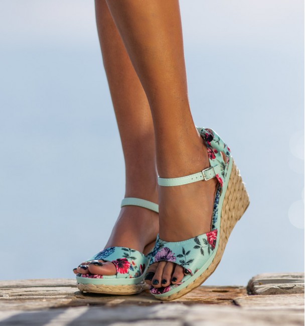Turquoise Bow Wedge Sandals front