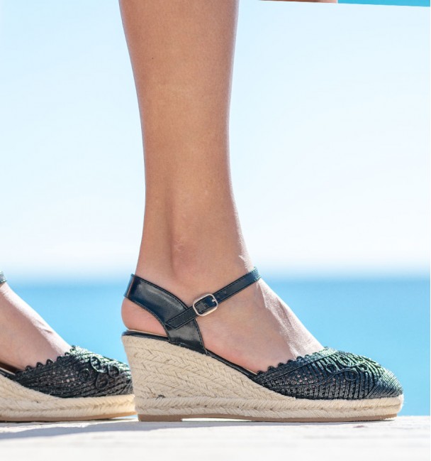 black braided wedge sandal side black braided wedge sandal side