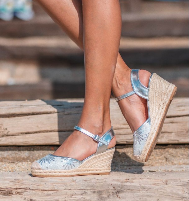 Wedge silver esparto sandals side