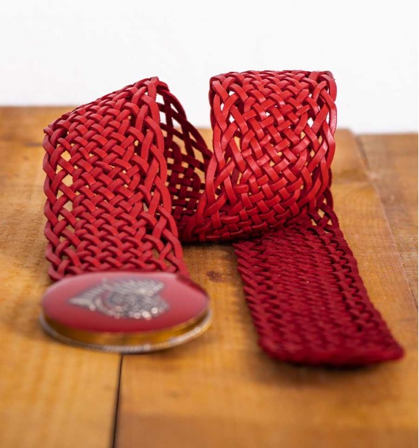 Bohemian red braided leather belt with buckle
