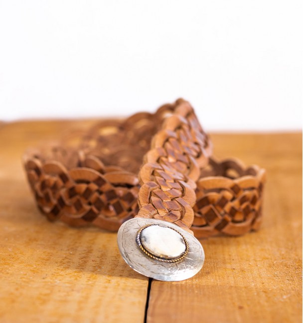 Narrow braided camel leather belt