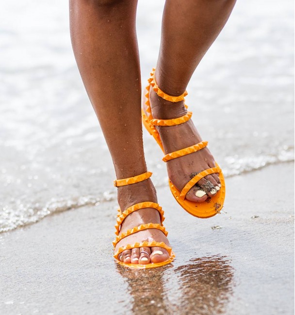 Orange Flip Flops with  Buckle Ankle Strap Flat Rubber Sandals