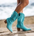 Women's turquoise blue cowboy boots with interior zipper and trim and bow on the upper part