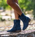 Side blue women's mid-calf cowboy boots made of textile material.