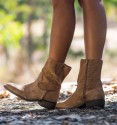 Photo of women's light brown cowboy boots with inside zipper and mid-cut. Women's vegan country boots