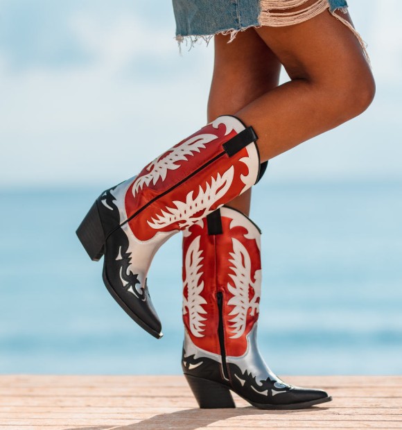 Botas cowboy rojo y plata