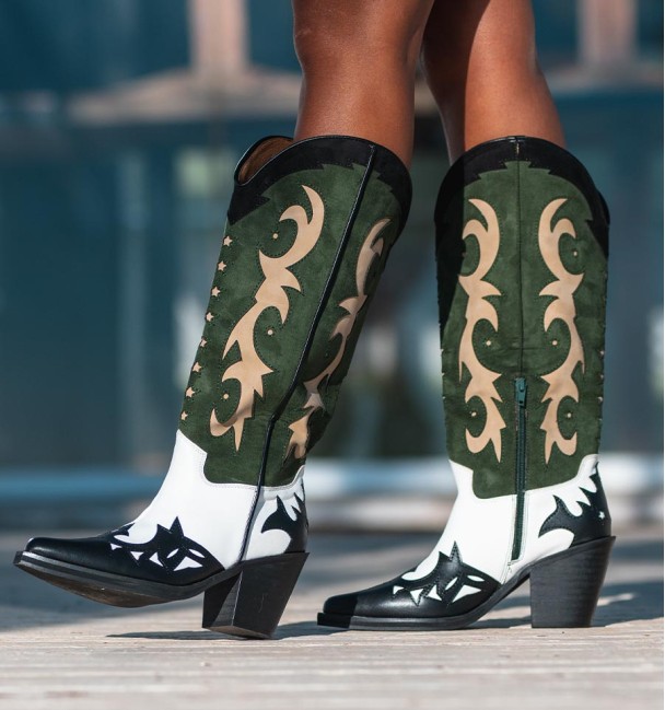 Green, white, black and beige cowboy boots. Black high heel and high heel. Vegan