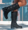 high biker boots black colour with buckles in textile material