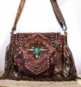 Bohemian style handbag in brown colt leather with gold spots and burgundy details.