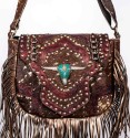 Bohemian style handbag in brown colt leather with gold spots and burgundy details.