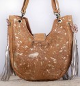 ethnic boho bag in leather and pony skin in brown, with beads and fringes