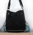 Large shoulder black and blue bag with fringes