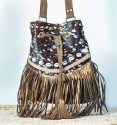 Large boho shoulder bag brown and silver