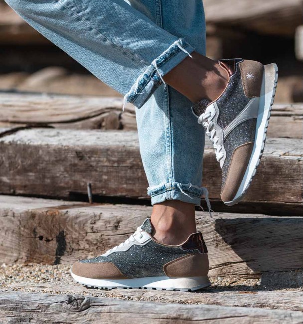 running trainers in brown, silver and white. Animal free