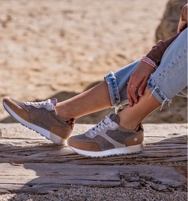 running trainers in brown, silver and white. Animal free