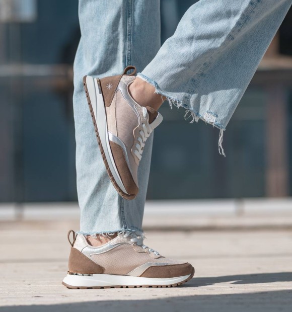 running trainers in beige, silver and white. Animal free