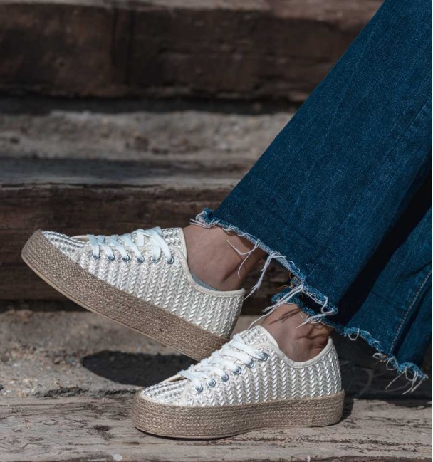 white canvas trainers with embossed details, esparto grass high soles and laces