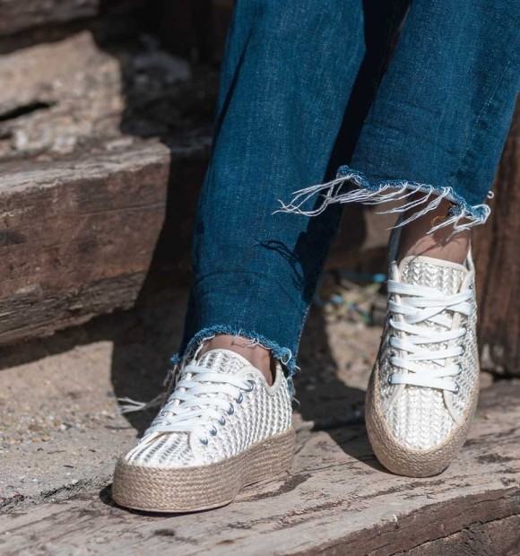 white canvas trainers with embossed details, esparto grass high soles and laces 2