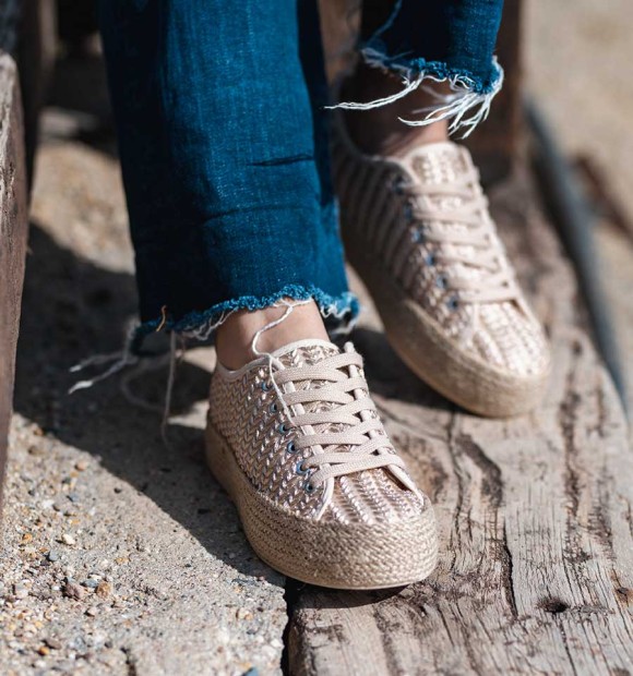beige canvas trainers with embossed details, esparto grass high sole and laces 2