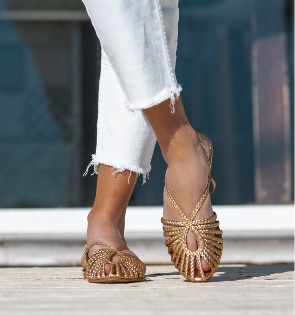 gold braided clog ballerina pumps with exposed heel. Animal free