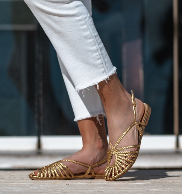 gold braided clog ballerina pumps with exposed heel. Animal free