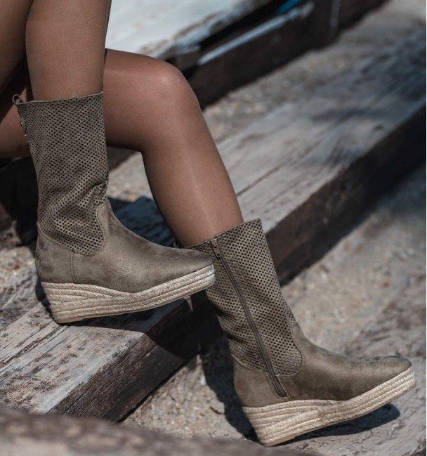 Khaki coloured textile boots with esparto grass wedge sole.
