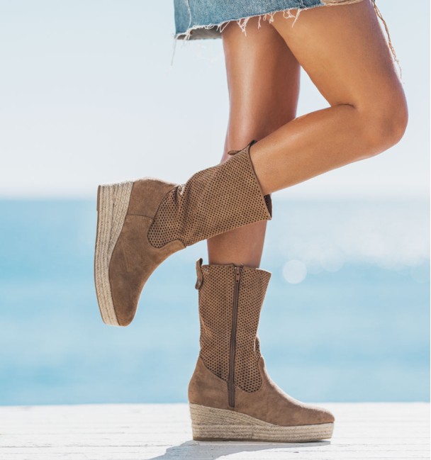brown coloured textile boots with esparto grass wedge sole. brown coloured textile boots with esparto grass wedge sole.