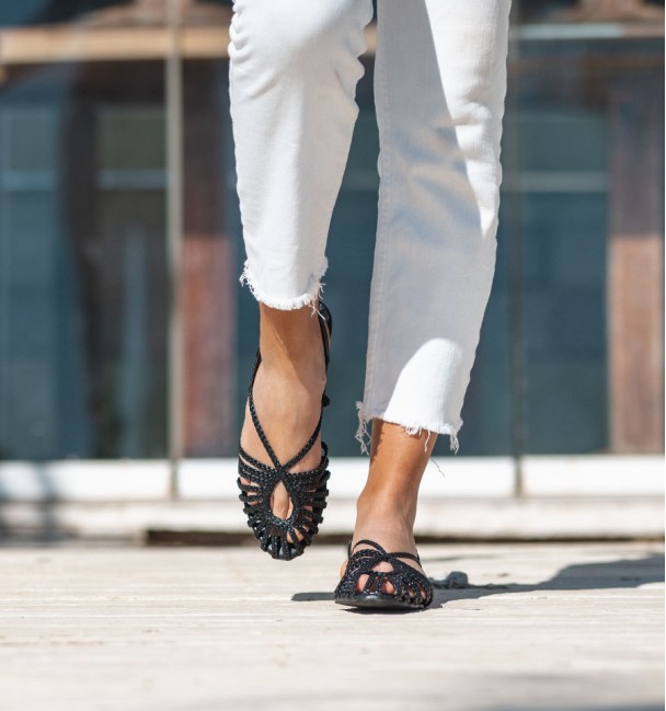 black braided clog ballerina pumps with exposed heel. Animal free