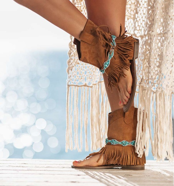 bohochic sandal boots made of textile material in camel and coloured stone ribbon,