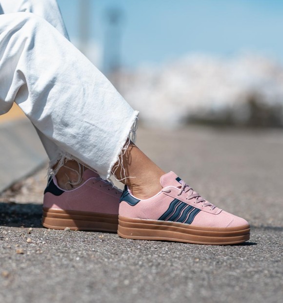pink textile trainers with double brown rubber sole and 4 blue stripes. Animal free. 2