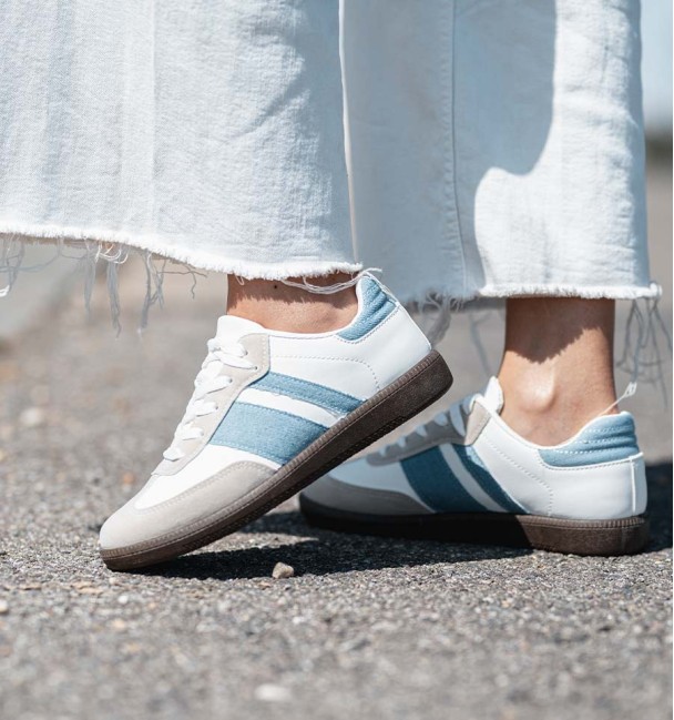 Combined sneakers in grey split leather, white leather and denim lines. Brown rubber sole