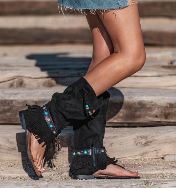 tall black boho sandal boots in teal, with fringes and trimmings tall black boho sandal boots in teal, with fringes and trimmings