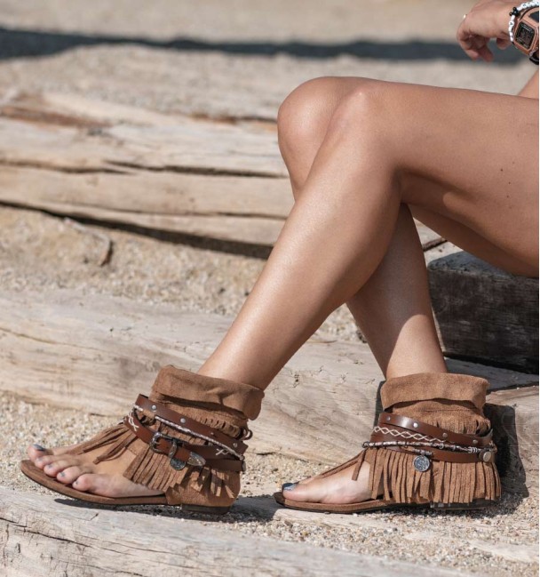 bohochic sandal boots in textile material brown with ribbons and fringes and fringes