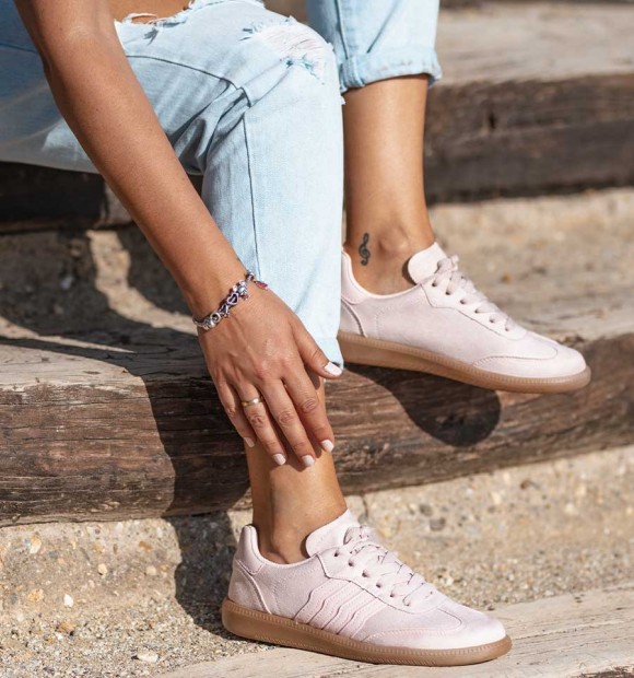 pink textile trainers with brown rubber sole and stripes. Animal free. 2