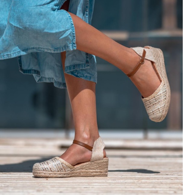Marbled wedges with esparto grass sole and ankle strap fastening