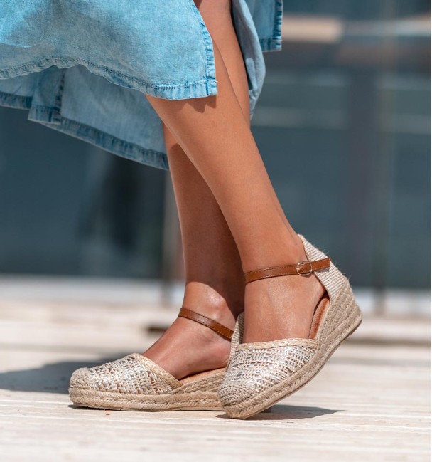 Marbled wedges with esparto grass sole and ankle strap fastening