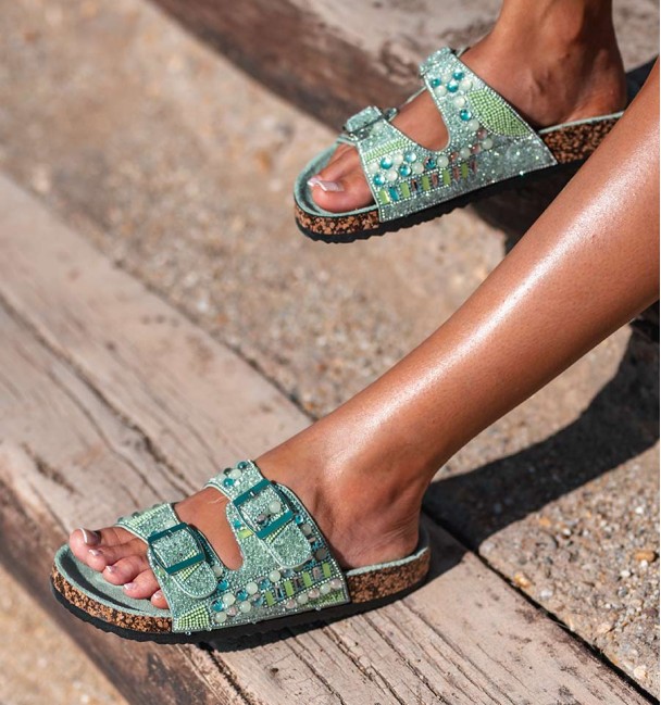 bio sandals with buckles and beads in green and turquoise tones