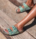 bio sandals with buckles and beads in green and turquoise tones
