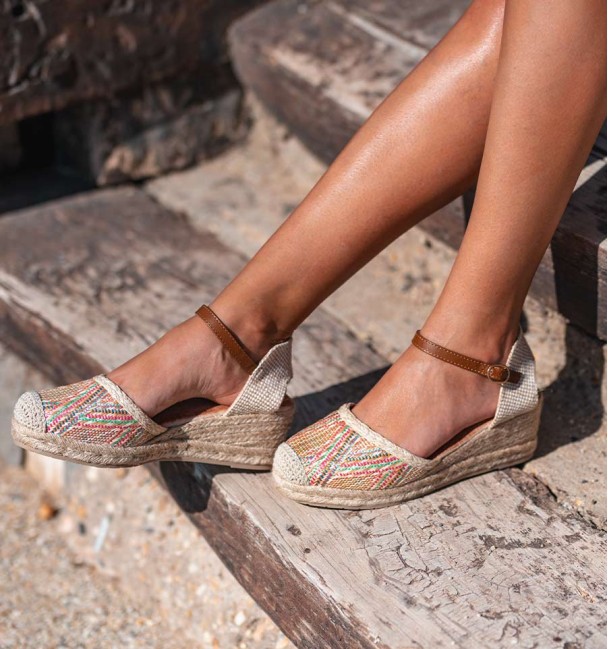 Marbled wedges with esparto grass sole and ankle strap fastening
