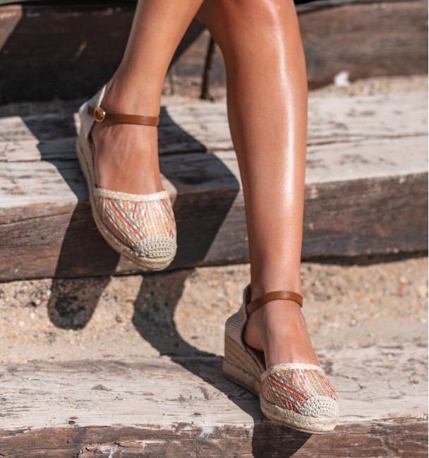 Marbled wedges with esparto grass sole and ankle strap fastening