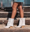 beige mid-calf cowboy boots with flap embellished with crystals and light wood-effect Cuban heel