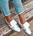 Silver trainers with white tongue and two white stripes on the sides. Trendy women's trainers. Animal free