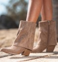 taupe mid-calf cowboy boots with crystal embellished flap and light wood-effect cuban heel