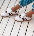 Wine and beige trainers with white tongue and two lateral  stripes. Trendy women's trainers. Animal free
