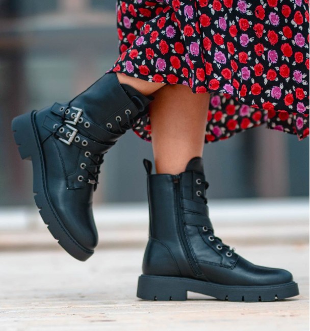 Black biker boots for women. Military style boots with buckles and laces, inside zip. Vegan leather Black biker boots for women. Military style boots with buckles and laces, inside zip. Vegan leather