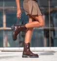 Women's brown military boots with laces and inner zip. Vegan leather