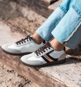 Combined sneakers in grey split leather, white leather and brown and golden lines. Brown rubber sole