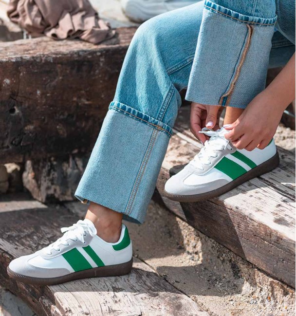Combined sneakers in grey split leather, white leather and green lines. rubber sole