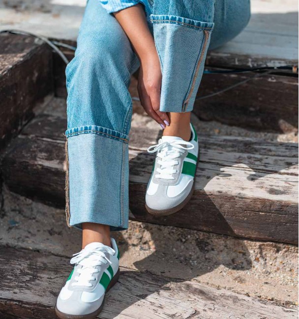 Combined sneakers in grey split leather, white leather and green lines. rubber sole