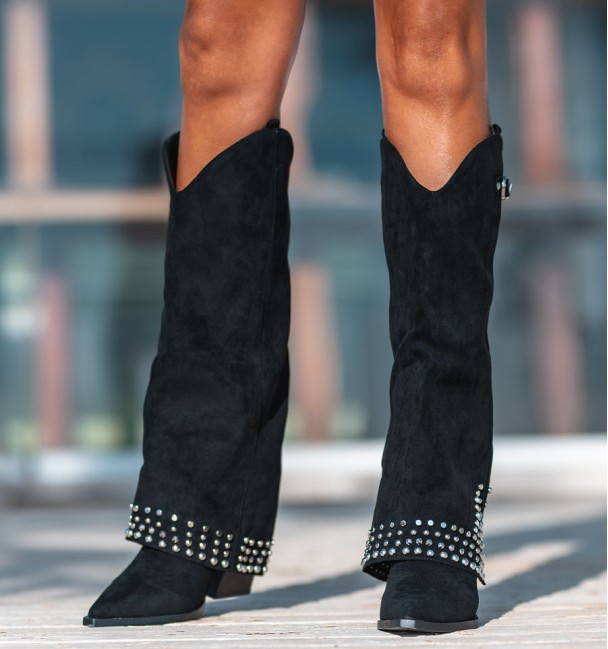 women's black boots with flap and heel. Buckle and studs